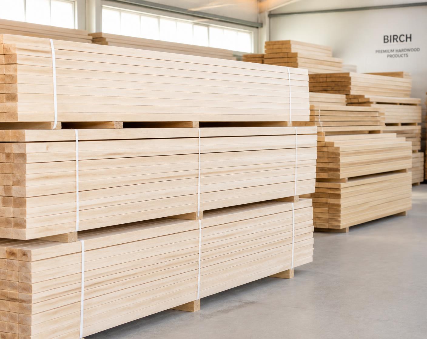 Stacked fresh-sawn and kiln-dried birch timber in a bright warehouse
